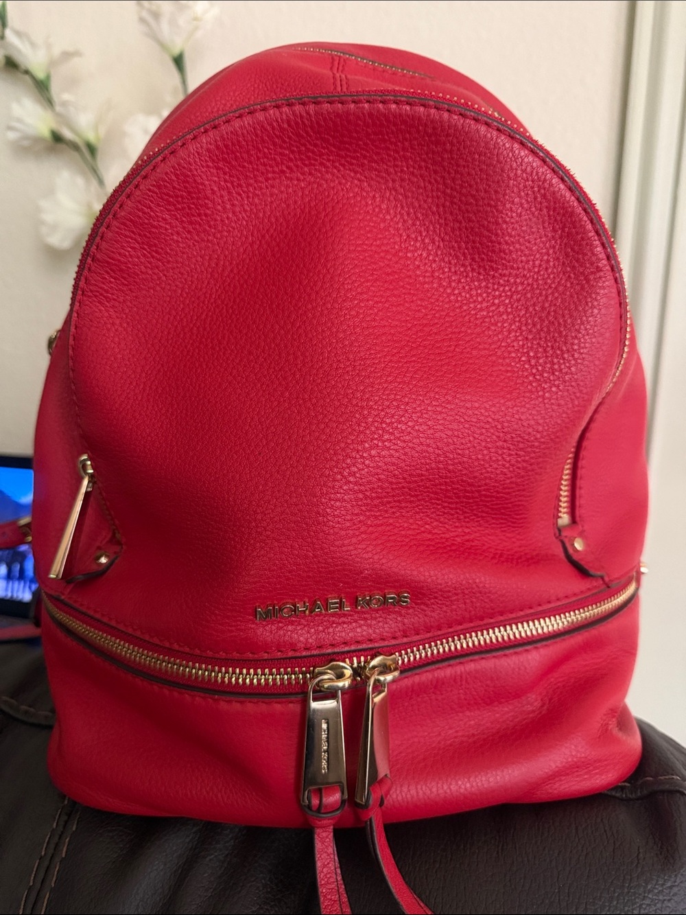 Authentic Michael Kors Red Pebbled Leather Backpack with Gold-Tone Hardware